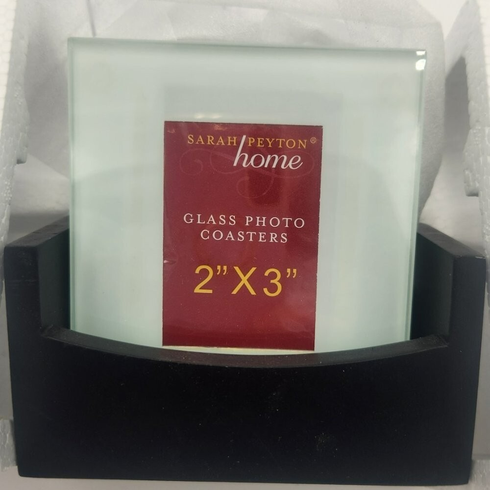 Set of 4 Frosted Glass Photo‎ Coasters with Wood Stand by Sarah Peyton Home